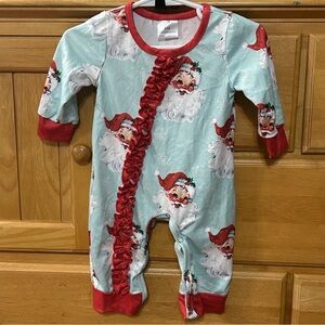 Honey Bean Girl’s Jolly Santa Face Christmas Romper Blue w/Red Trim Size 3 Month